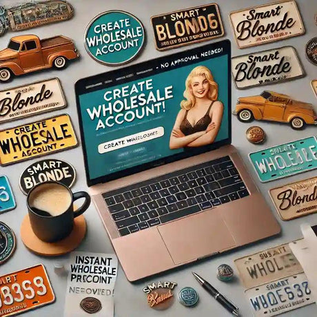Laptop displaying create wholesale account page, surrounded by novelty license plates, coffee, and pen.
