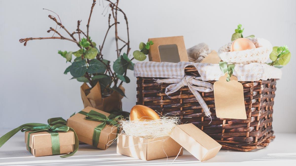 Gift wrapped Easter gifts in a basket