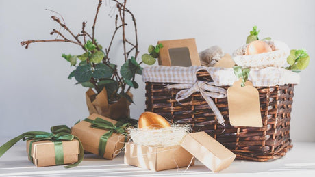 Gift wrapped Easter gifts in a basket