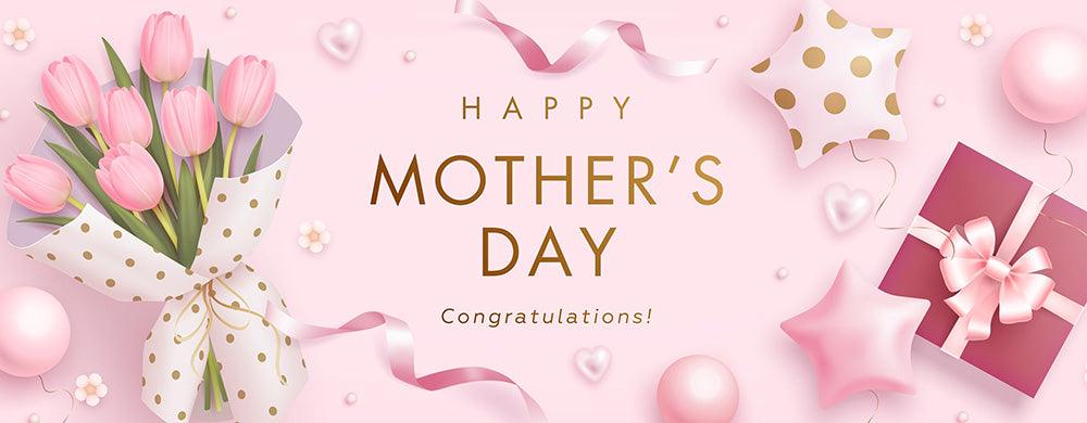 Mother's Day gift bouquet with pink tulips, wrapped present, balloons, and ribbons on pink background