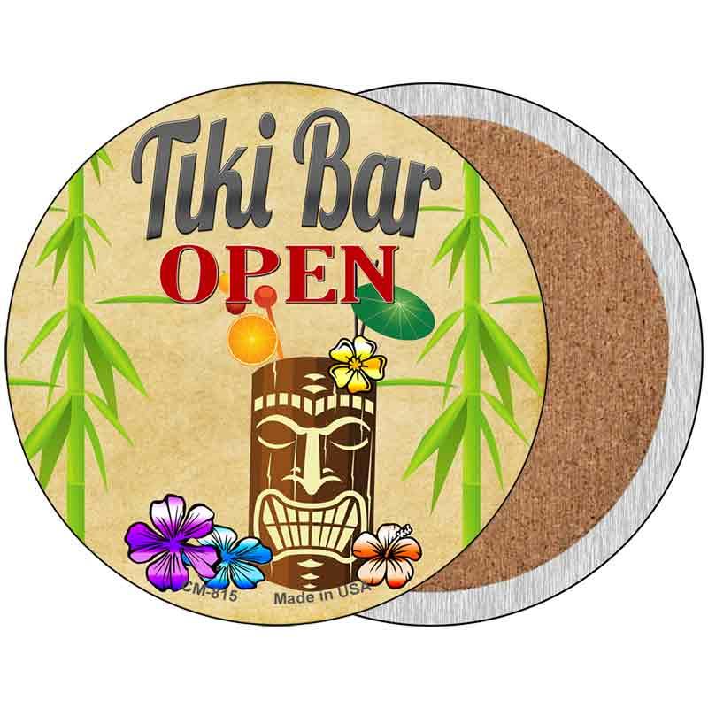 Round tiki bar coaster with tropical flowers, bamboo, and 'OPEN' sign design.