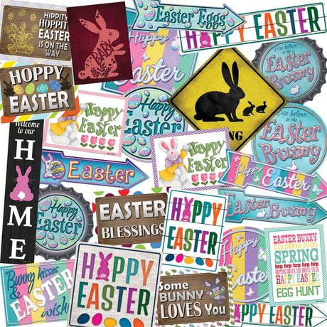 Collage of colorful Easter novelty signs with bunnies, eggs, and festive greetings.