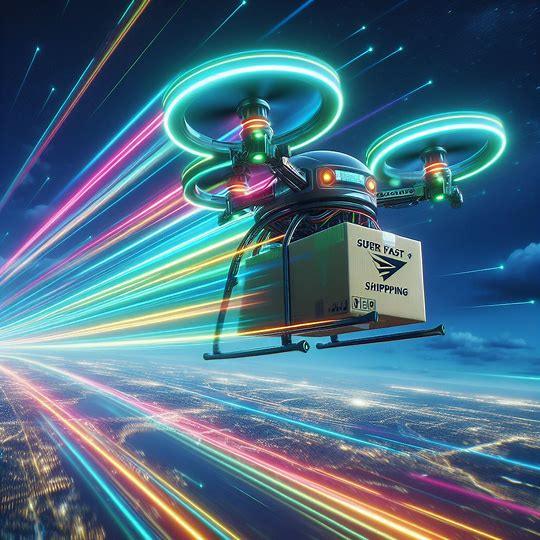 Drone delivering package labeled super fast shipping with neon lights and night cityscape