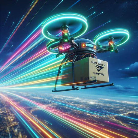Drone delivering package labeled super fast shipping with neon lights and night cityscape