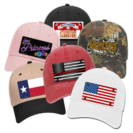 Assorted novelty baseball hats with custom designs and flags on front patches