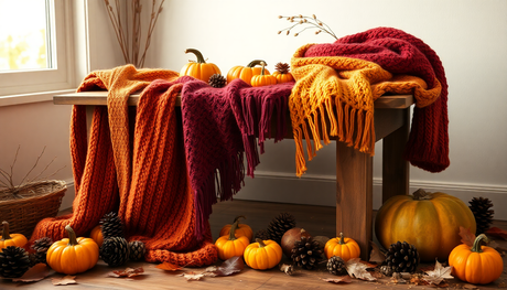 Fall-themed decor with pumpkins, pinecones, and cozy orange and red knit blankets on a wooden bench