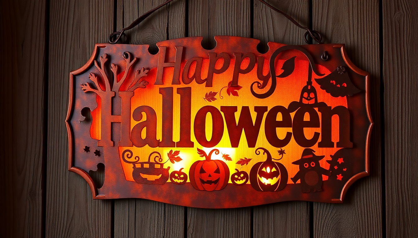 Halloween tin sign with jack-o'-lanterns, spooky tree, and glowing orange backlight