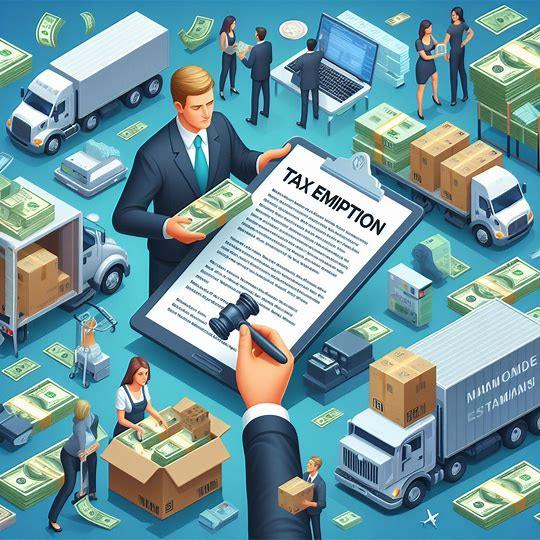 Tax exemption concept with paperwork, delivery trucks, cash, and shipping boxes
