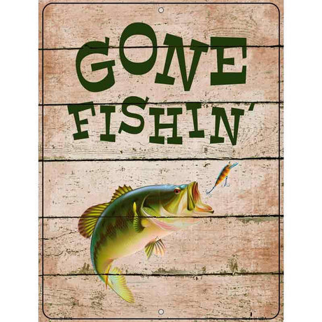 Gone Fishin' novelty tin sign with bass and fishing lure on rustic wood background.