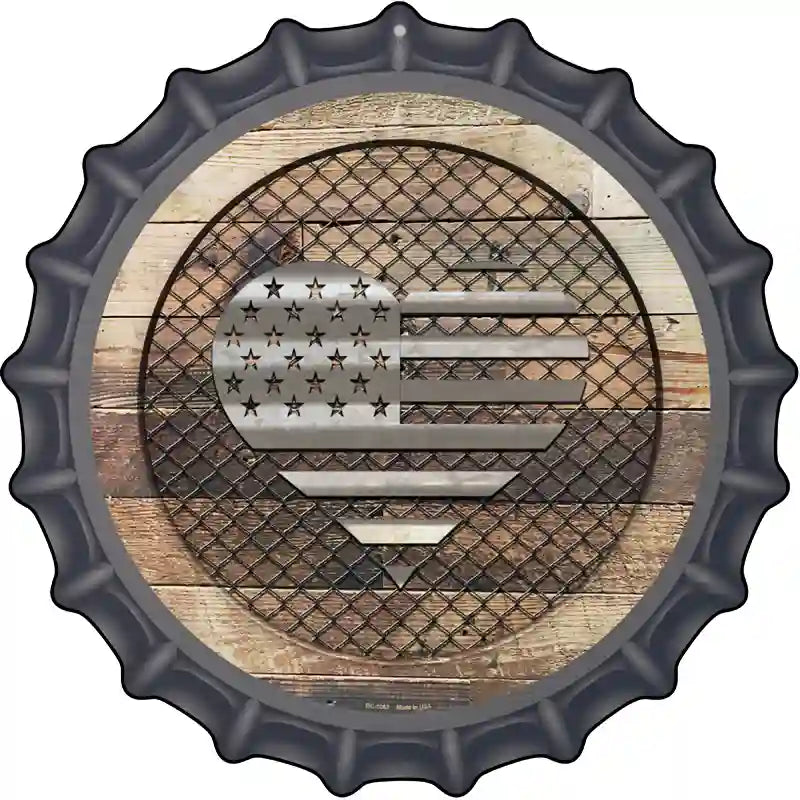 Corrugated American Flag Heart on Wood Novelty Metal Bottle Cap Sign BC-1062