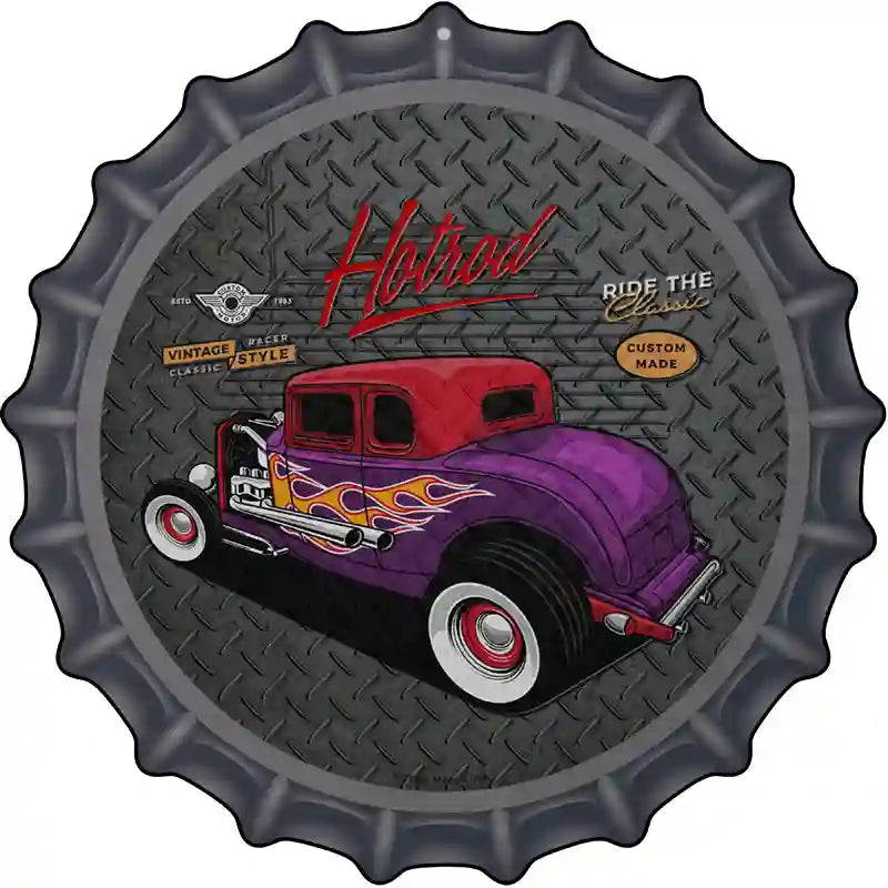 Purple Flame Hotrod Novelty Metal Bottle Cap Sign