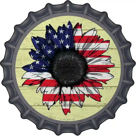 American Flag Sunflower Novelty Metal Bottle Cap Sign