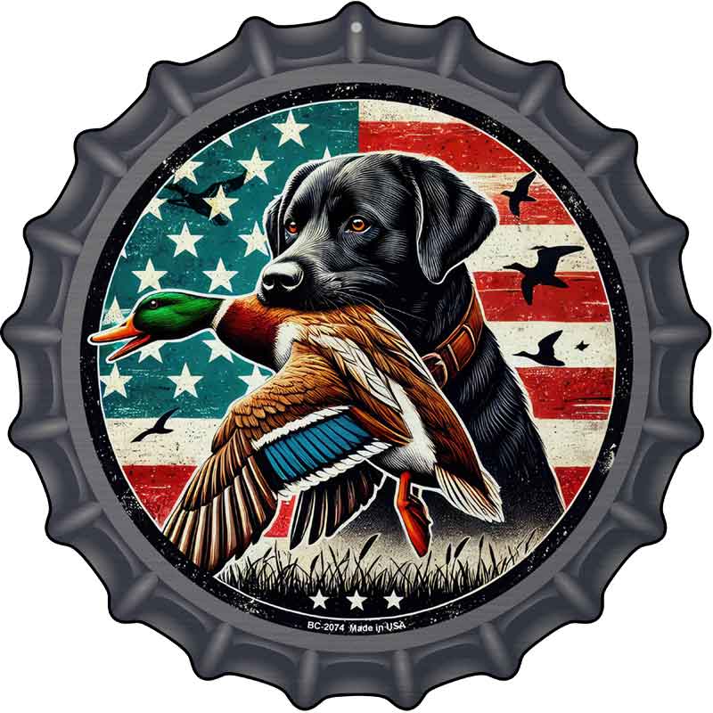 Black Lab with Duck Novelty Metal Bottle Cap Sign BC-2074