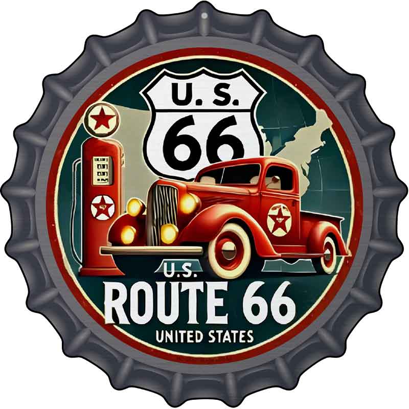 Red Truck on Route 66 Novelty Metal Bottle Cap Sign BC-2087