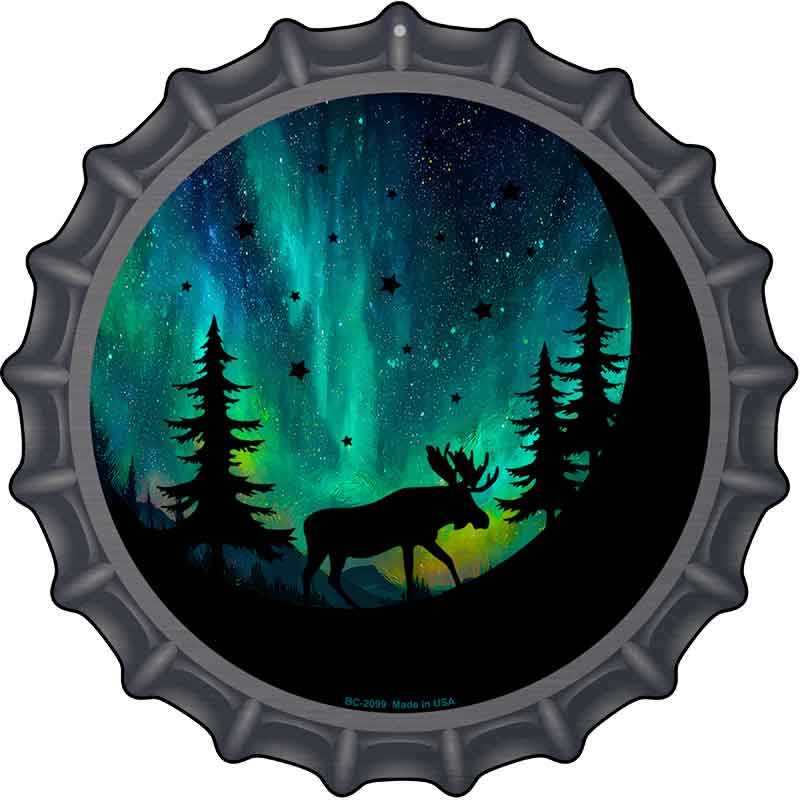 Moose Under the Northern Lights Novelty Metal Bottle Cap Sign BC-2099