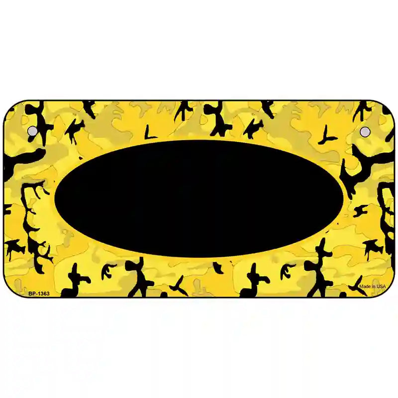 Yellow Black Camouflage With Black Center Oval Metal Novelty License Plate 6" x 3" (BP)