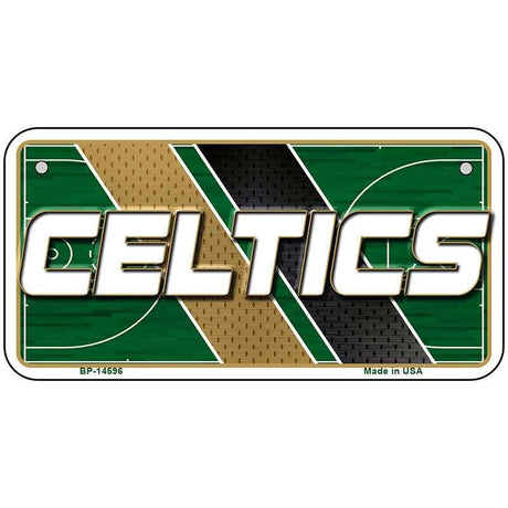 Metallic sign with 'CELTICS' text on a basketball court design background