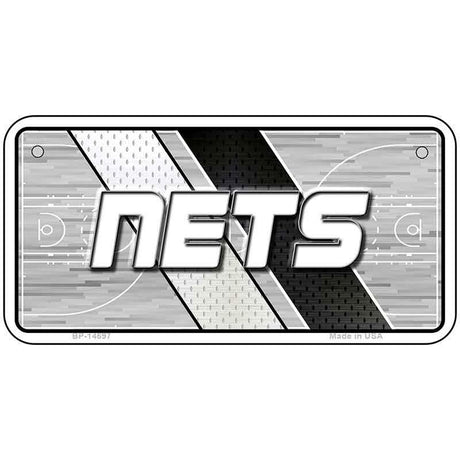 Metallic license plate with 'NETS' branding on a white background