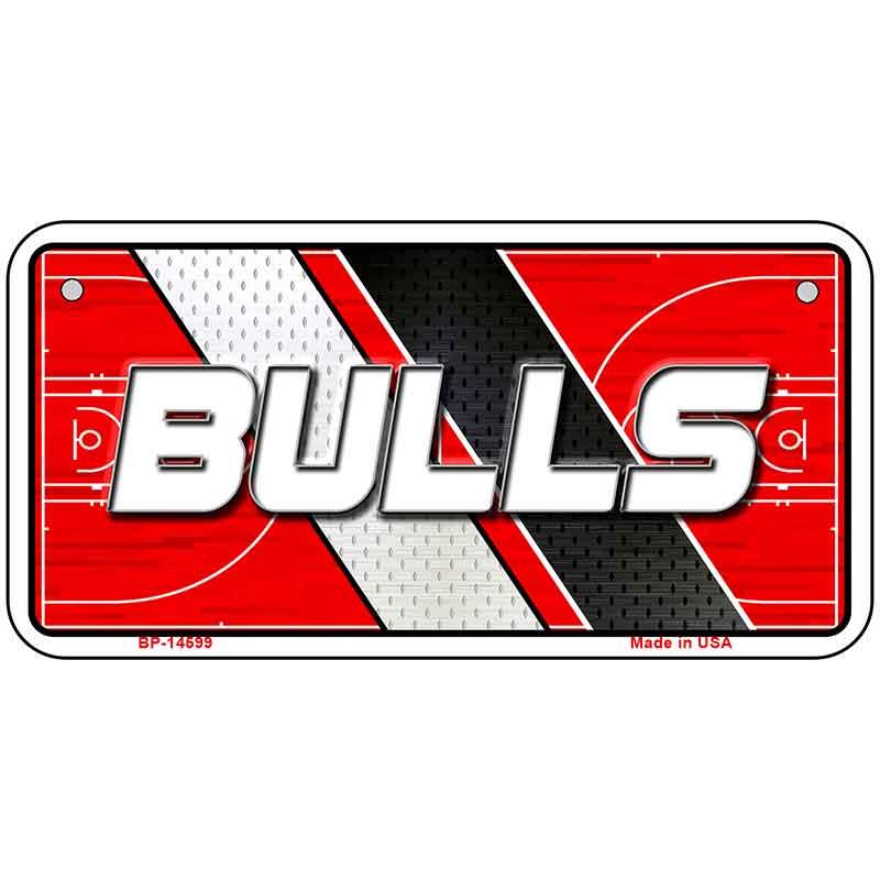 Metallic sign with 'BULLS' text on a red, black, and white background