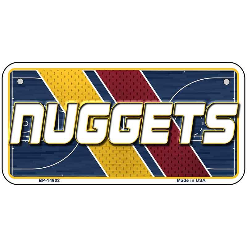 Metallic license plate with 'NUGGETS' text and sports theme design on a white background