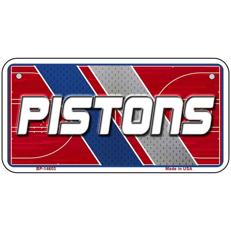 Metallic sign with 'PISTONS' text on a red, blue, and gray background