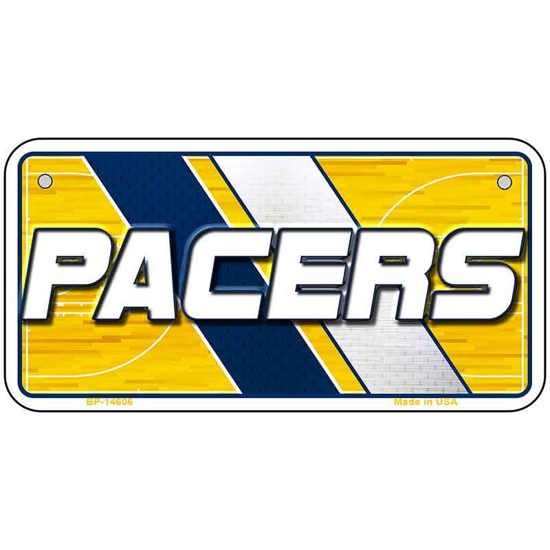 Metallic license plate with 'Pacers' branding on a white background