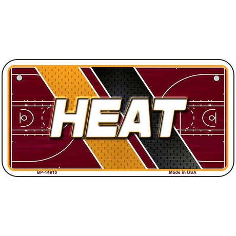 Metallic license plate with 'HEAT' text and basketball court design on a white background