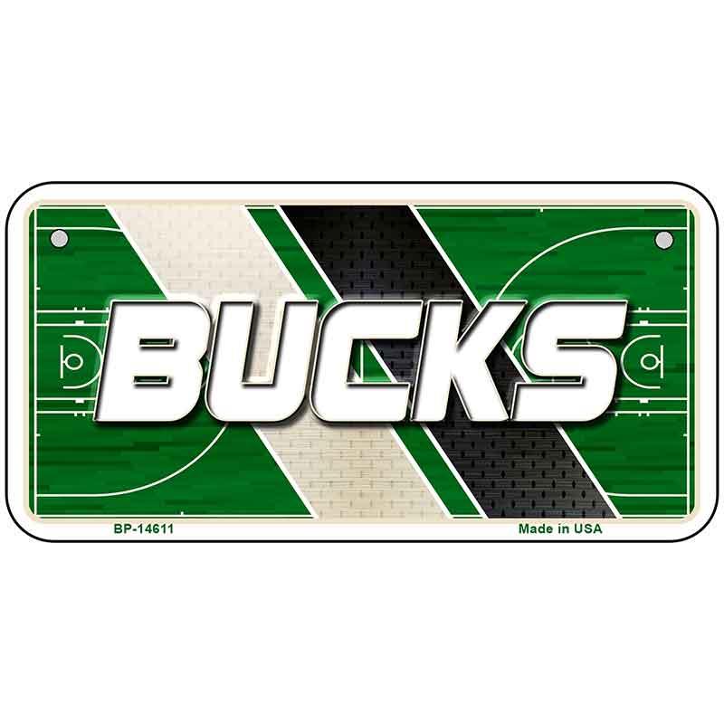 Metallic license plate with 'Bucks' text on a basketball court design