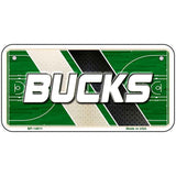 Metallic license plate with 'Bucks' text on a basketball court design