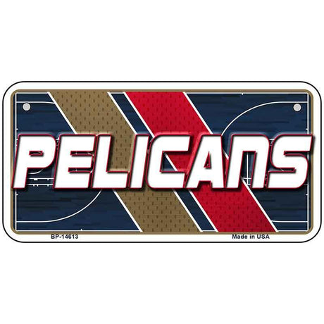 Metallic license plate with 'Pelicans' branding and color design