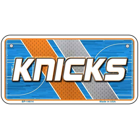 Metallic sign with 'Knicks' text on a blue, orange, and gray background