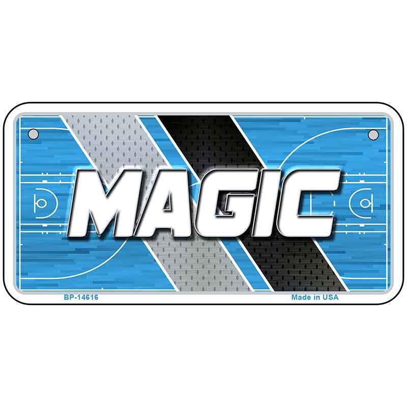 Metallic license plate with 'MAGIC' text on a blue and gray background
