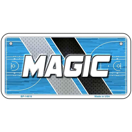 Metallic license plate with 'MAGIC' text on a blue and gray background