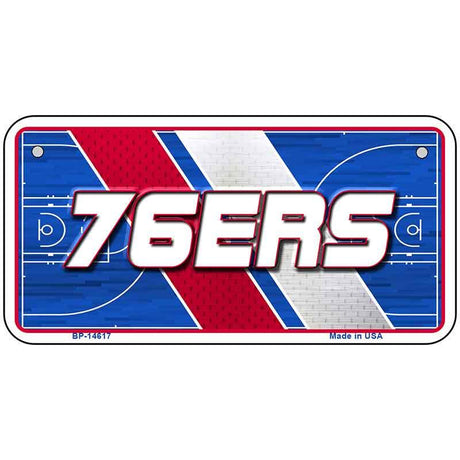 Metallic license plate with '76ERS' text on a basketball court design background