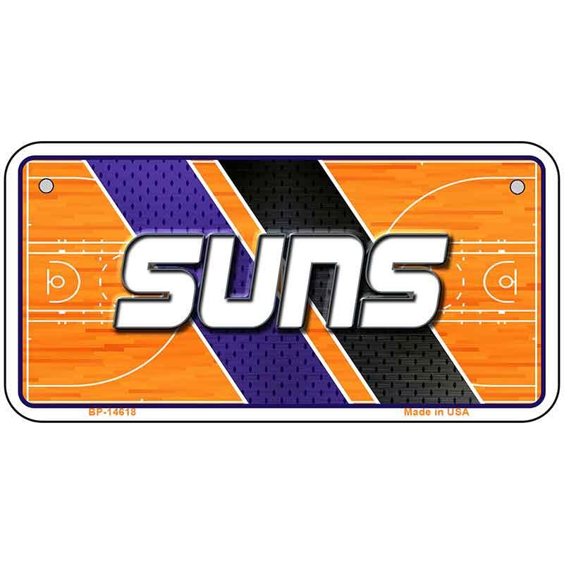 Metal license plate with 'Suns' logo and basketball court design on a white background