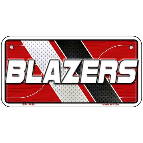 Metallic license plate with 'BLAZERS' text and red, white, and black design on a white background