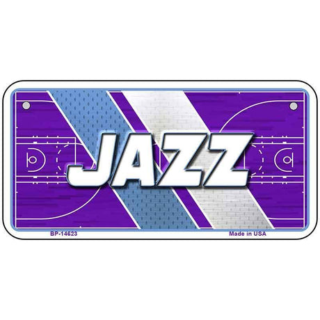 Metallic license plate with 'JAZZ' text and basketball court design on a white background