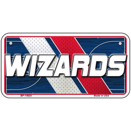 Metallic plate with 'Wizards' text and sports theme design on a white background