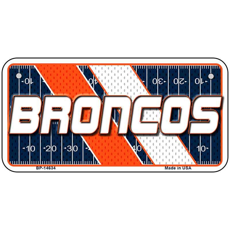 License plate with 'BRONCOS' text on a football field design