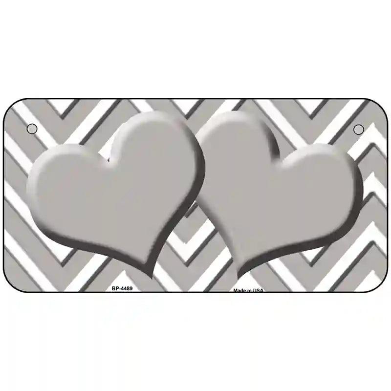 Grey White Chevron Grey Center Hearts Metal Novelty License Plate 6" x 3" (BP)