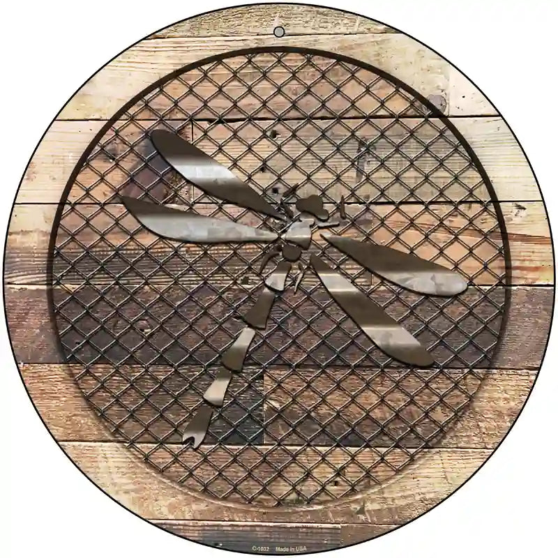 Corrugated Dragonfly on Wood Novelty Metal Circular Sign 12" (C)