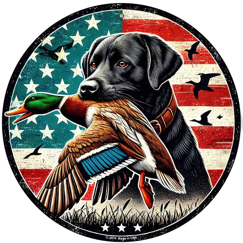 Black Lab with Duck Novelty Metal Circular Sign C-2074
