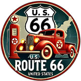 Red Truck on Route 66 Novelty Metal Circular Sign C-2087