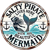 Salty Pirate & Mermaid Novelty Metal Circular Sign C-2093
