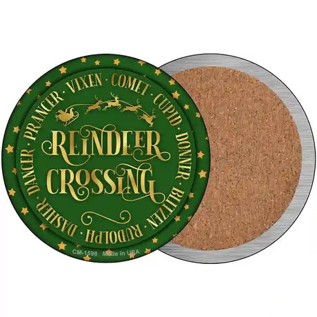 Reindeer Crossing Green Novelty Metal Circle Sign 3.5" (CC)
