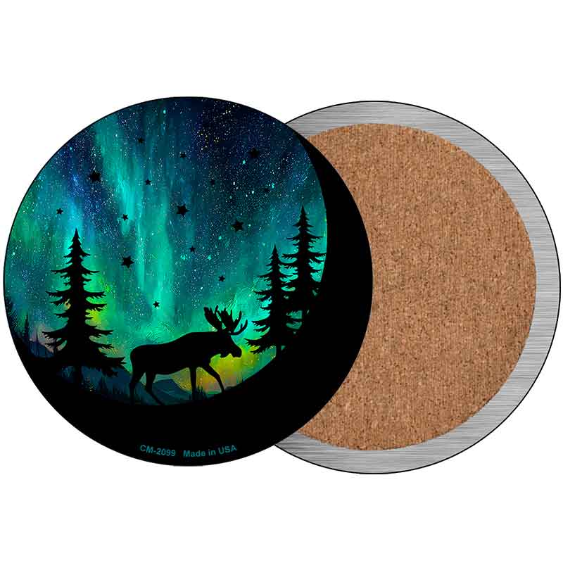 Moose Under the Northern Lights Novelty Circle Coaster Set of 4 CC-2099