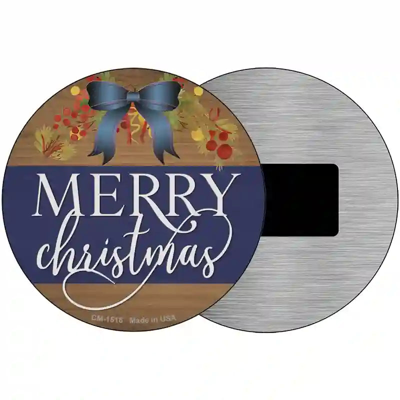 Merry Christmas Blue Bow Novelty Metal Circle Sign 3.5" (CM)