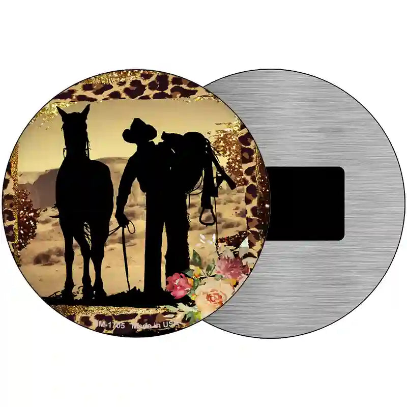 Cowboy With Horse Silhouette Novelty Metal Circle Sign 3.5" (CM)