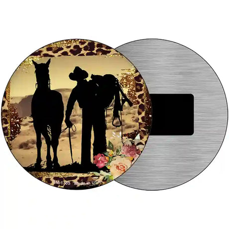 Cowboy With Horse Silhouette Novelty Metal Circle Sign 3.5" (CM)