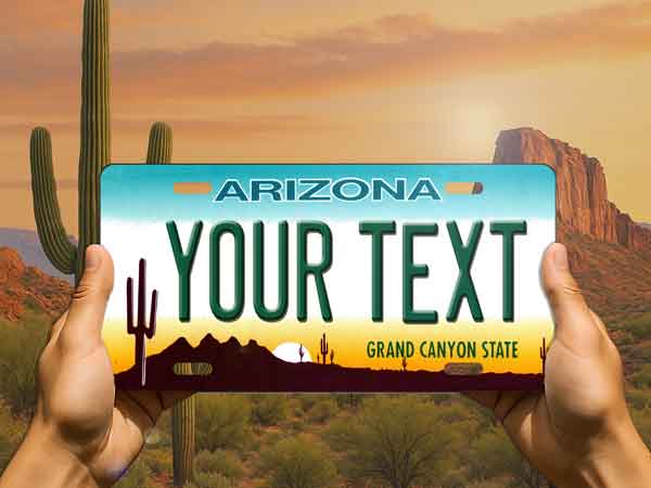 Personalized Arizona license plate held in front of a desert landscape with cacti and mountains.